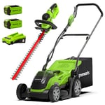 Greenworks 40V Cordless Lawn Mower 35cm (14") with 2x 2Ah batteries and chager - 2501907UC & Greenworks 40V Cordless Brushed Hedge Trimmer - Battery and charger not included - 2200907