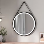 Emke - Miroir lumineux salle de bain rond diamètre 80cm cadre noir avec lanière réglable, Miroir led avec Interrupteur Tactile, Miroir avec éclairage