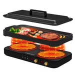 COOKTRON Double Induction Hob with Removable Iron Cast Griddle Pan, Portable Induction Hob 2 Plates With Sensor Touch 9 Power Levels, 99 Min Timer, suitable for Magnetic Cookware, 2800W