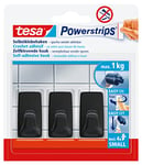 Tesa Powerstrips Crochets Adhésifs Petit Format - 3 x Crochets Muraux Autocollants Rectangulaires - Accessoire Salle de Bain et Porte-serviette - Fixation Sans Percer - Force de Maintien 1 kg - Noir