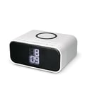 Réveil Chargeur sans Fil 10 W, Haut-Parleur Bluetooth, Radio FM, 2 alarmes, 3 intensités de lumière, Technologie Qi, Blanc