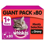 80 X 100g Whiskas 1+ Adult Wet Cat Food Pouches Mixed Meaty In Gravy