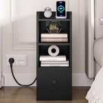 Hzuaneri Table de Chevet avec Multiprise, Port USB et Type C, Table d'appoint Étroite, Espace de Rangement à 3 Niveaux avec 1 Tiroir, pour Chambre à Coucher, Salon, Noir NS36404X