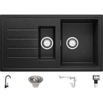 Evier Cuisine en Granit 90 x 50 cm Lavabo 1,5 bac + Robinet + Siphon Classique, Évier à Encastrer de Primagran Graphite - black#white