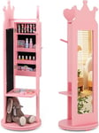 FANTASK Armoire à bijoux pour enfant rotative à 360 °, armoire miroir 4 en 1, avec miroir pleine longueur et porte-vêtements, organisateur de bijoux pour fille en rose, porte-bijoux pour enfant à