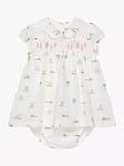 Trotters Baby Bunny and Friends Smocked Dress, White/Multi