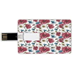 16G USB Flash Drives Credit Card Shape Watercolor Memory Stick Bank Card Style Bridal Inspired Wildflower Bouquet with Poppies Daisies Cornflowers Decorative,Dried Rose Blue Green Waterproof Pen Thumb