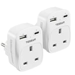 UK to European Travel Plug Adapter, 2 Pack Schuko Grounded Euro EU Plug Adapter with 2 USB Ports (1 USB C), for Most of Europe Spain Germany France Iceland Poland Russia and More (Type E F) White