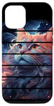 Coque pour iPhone 13 Pro Anime rétro : Cosmic cat, nuit foncée, bleu, nuages violets, étoiles.