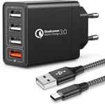 Quick Charge 3.0 Chargeur Mobile Mural Usb Avec Câble Type C 30 W 4 Ports Avec Secteur Usb Charge Rapide Pour Samsung Galaxy S10e/S9/S8/Note8, Huawei P20, Xiaomi(Noir)[X915]