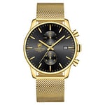 Affute Montre pour homme, tendance, sport, à quartz, analogique, maille noire, acier inoxydable, étanche, chronographe, affichage automatique de la date, Classique