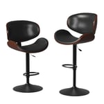 Fohfurniture Tabouret de Bar reglables Set of 2, Tabouret Bar en Hauteur avec Dossier, Chaise de Bar pivotant en Bois et Simili Cuir et Base en métal, Tabouret de Cuisine en Hauteur 62 à 84cm, Noir