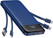 Power Bank 20000mah, Chargeur Portable À Chargement Rapide Avec Câbles Intégrés, 5 Sorties Et 4 Entrées Pour Iphone 14 13 12 11 Samsung S21 S22(Bleu)