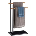 Porte-serviettes sur pied, Support pour serviettes de bain 2 barres, bambou, métal, 85,5x45x22,5 cm, noir - Relaxdays