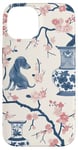 Coque pour iPhone 14 Preppy Bocal en toile Chinoiserie Motif chiens et gingembre Rose et bleu