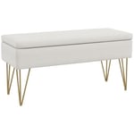 HOMCOM Banc Bout de lit Banquette Coffre de Rangement 2 en 1 en Tissu Aspect Lin avec Pieds épingle en Acier doré 100 x 40 x 49 cm crème