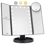 HIYAA Miroir de Maquillage avec 22 lumières LED, Pliable, grossissement 1X/2X/3X/10X, Miroir de Maquillage avec éclairage Tactile, Miroir de Table, Support USB, Noir