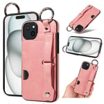 Apple iPhone 15 Plus Hand Strap PU Card Case Pink