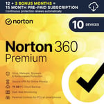 Norton 360 Premium 2024, Antivirus Software for 10 Devices and ‎15 Month Subscription ‎with ‎Automatic Renewal, Includes Secure VPN and Password Manager, PC/Mac/iOS/Android, Activation Code ‎by email