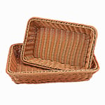 WANDIC Woven Basket, 2 Pcs Poly-Wicker Bread Storage Baskets For Food Fruit Vegetables, Shallow Shop Supermarket Display Serving Restaurant Home Kitchen, Rectangle/Brown (35*25*7CM / 30*20*7CM)