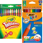 CRAYOLA Twistables Colouring Crayons - Assorted Colours (Pack of 12)| Ideal for Kids Aged 3+ & Bic Kids Evolution ECOlutions Colouring Pencils, Assorted Colours, 70g