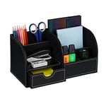 Relaxdays Organisateur Bureau, tiroir et 6 Compartiments, Similicuir, HxLxP: 14,5 x 28 x 14,5 cm, Rangement, Noir