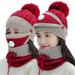 DirkFigge 3 in 1 Womens Winter Scarf Set Kids Knitted Beanie Hat Circle Scarf Set with Detachable Knitting Face Cover Knitted Scarf Pom Pom Bobble Cap Neck Warmer for Skiing Cycling