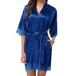 GROPC Robe De Chambre Satin Femme,Saint Valentin Lingerie Sexy Soie Soie Cils Dentelle Babydoll Robe Robe Peignoir Kimono Chemises Vêtements De Nuit Homewear avec G-String,Bleu Foncé,M