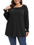 iChunhua Long Sleeve Tops for Women Square Neck Jumpers Pleated T Shirts Tunic Blouses Black Large