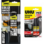 UHU Contact néoprène gel - Colle super forte universelle et gélifiée, ne goutte pas et ne file pas, adhère immédiatement, tube 120g & Power glue liquide control - colle extra forte, tubes 2x3g