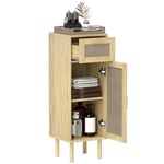 HOMCOM Meuble Salle de Bain Rangement, Meuble de Rangement Style bohème avec tiroir et Placard, étagères réglables, Porte à rotin, Armoire pour Salle de Bain, Salon, Cuisine - 32 x 30 x 92 cm, chêne