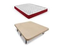 HOGAR24 ES | Lit Complet | Base tapissée en Tissu 3D Beige + Matelas viscoélastique Spring Plus | Ensemble de Pieds avec Pince de 25 cm | Dimensions : 135 x 190 cm