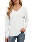 Akiooue White Blouses for Women UK, Ladies Tops Long Sleeve Fall V Neck Casual Fashion Business Office Going Out Eyelet Embroidery Solid Color Tops White Small