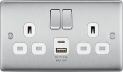 BG NBS22UAC12W Brushed Steel Double Socket with USB 12W Type A & C USB White