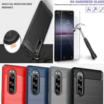 For Sony Xperia 1 10 5 Ii 5g Case, Carbon Fibre Gel Phone Cover + Tempered Glass