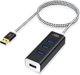 Hub USB 3.0 de 4 Ports avec Câble d¿Extension de 1.46Mètres, Compatible avec MackBook, PC, Ordinateur Portable, Clé USB etc, Boîtié en Aluminium, Câble Tressé, Noir et Blanc / 4.8Pieds