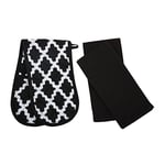 Penguin Home Heat Resistant Oven Gloves with Set of 2 Tea Towel Oven Mitt & Potholder for Home Cooking - Maximum Heat Protection/Kitchen Accessories (Diamond Black) Size - (18x90 & 65x45 cm)