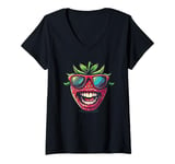 Womens Funny strawberry face with sunglasses for boys and girls V-Neck T-Shirt