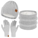 Femme Hiver Bonnet Chapeau Foulard Écran Tactile Gants Ensemble Imitation Velours Tricot Polaire Doublé Casquette Écharpe Gant Cadeaux pour Femmes