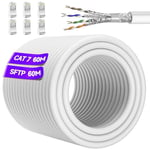 Soibke Cable Ethernet 60m, Cat 7 Câble RJ45 Blindé Haute Vitesse 10Gbit/s 600MHz Câble Ethernet S/FTP Blanc Gigabit Extérieur Imperméable Câble LAN Câble Internet pour Routeur Modem