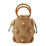 Nice Pies Flower Pearls Rattan Tote Bag Summer Beach Drawstring Straw Bucket Bag Diamonds Woven Handbag, A Flower,