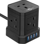 Cube Extension Lead with USB Slots, 5 Way Plug Extension with 4 USB3.1A - Black