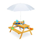 Relaxdays Table de Jardin pour Enfants, en Bois, bacs pour Jouer avec l Eau et Le Sable, Parasol Inclus, Orange