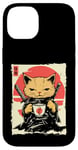 Coque pour iPhone 14 Kawaii Samurai Cat Drinking Coffee, Ninja Cat for Cats Lovers