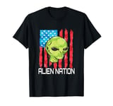 Funny Alien UFO USA Flag and Green Alien Head T-Shirt