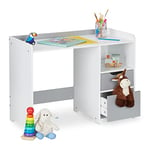 Relaxdays Bureau pour Enfants, HxLxP: 60 x 80 x 38 cm, 2 tiroirs, Compartiment Ouvert, pour Les Petits, Blanc - Gris