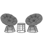 Outsunny Ensemble Salon de Jardin 3 pièces avec 2 fauteuils papasan pivotant et 1 Tables Basse Ronde 2 Grands Coussins fourni Polyester résine tressée Gris