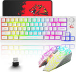 Ensemble Clavier Et Souris De Jeu Sans Fil, Wireless 64 Touches Avec Bouton Rgb Led Rétroéclairé Clavier, Batterie De 4000 Mah, 2400 Dpi Ergonomique Souris Avec Tapis De Souris Pour Pc Gamer - Blanc