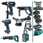 Pack Makita Power pro 7 outils 18V : DDF458 + DHR202 + DTD152 + DGA504 + DJR186 + DMR108 + DEADML805 + 3 batt 5Ah + sac