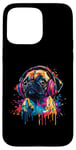 Coque pour iPhone 15 Pro Max Pug Lovers Pop Art portant des écouteurs drôles de carlin